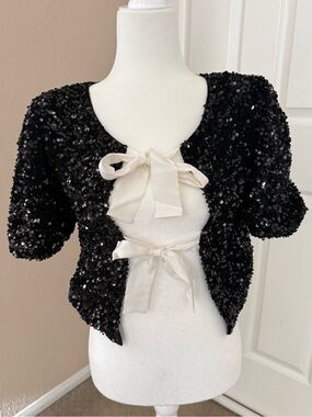 Black Sequin Cropped Bolero with Ivory Bow Ties